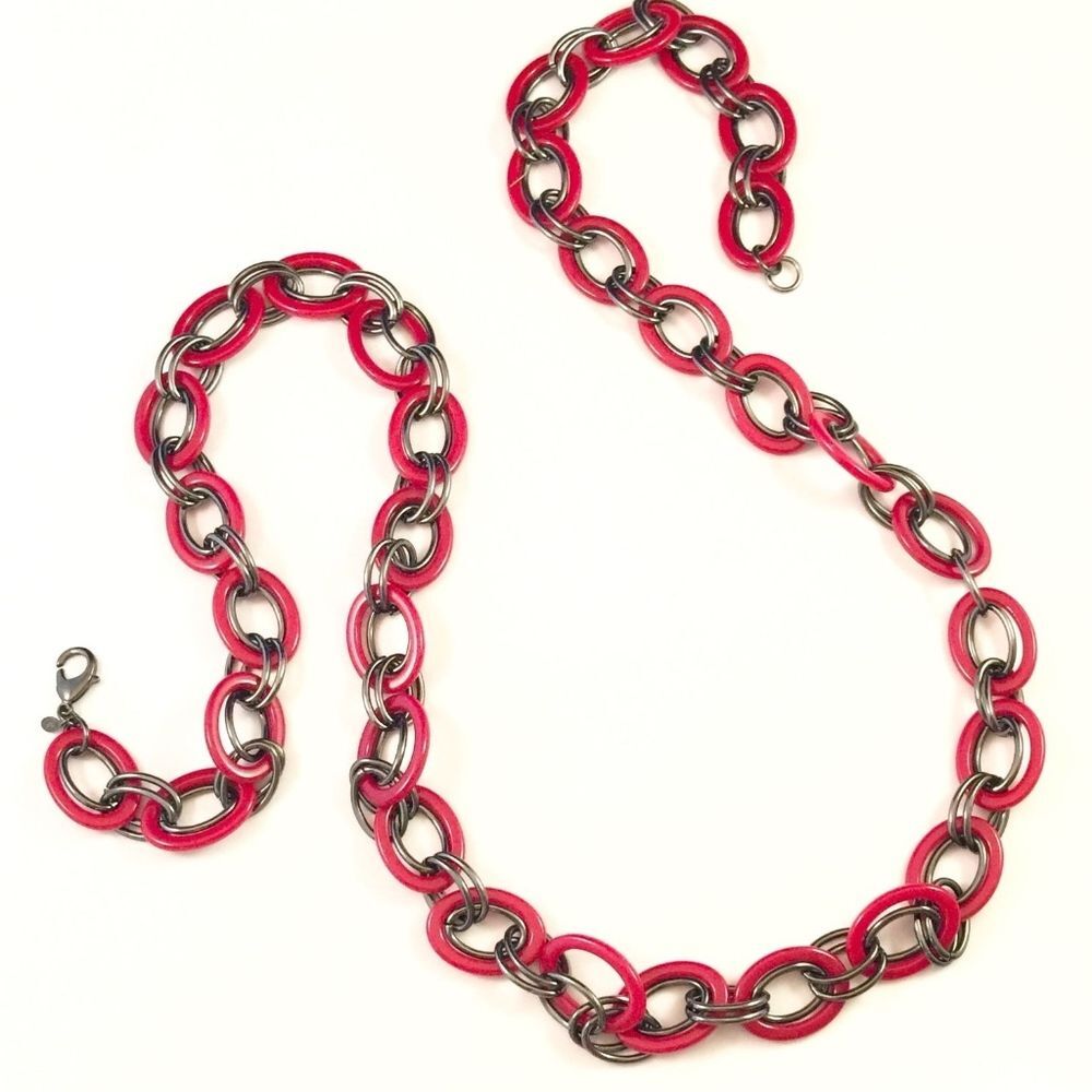 New Premier Designs Necklace Red & Hematite Link Design - 11P